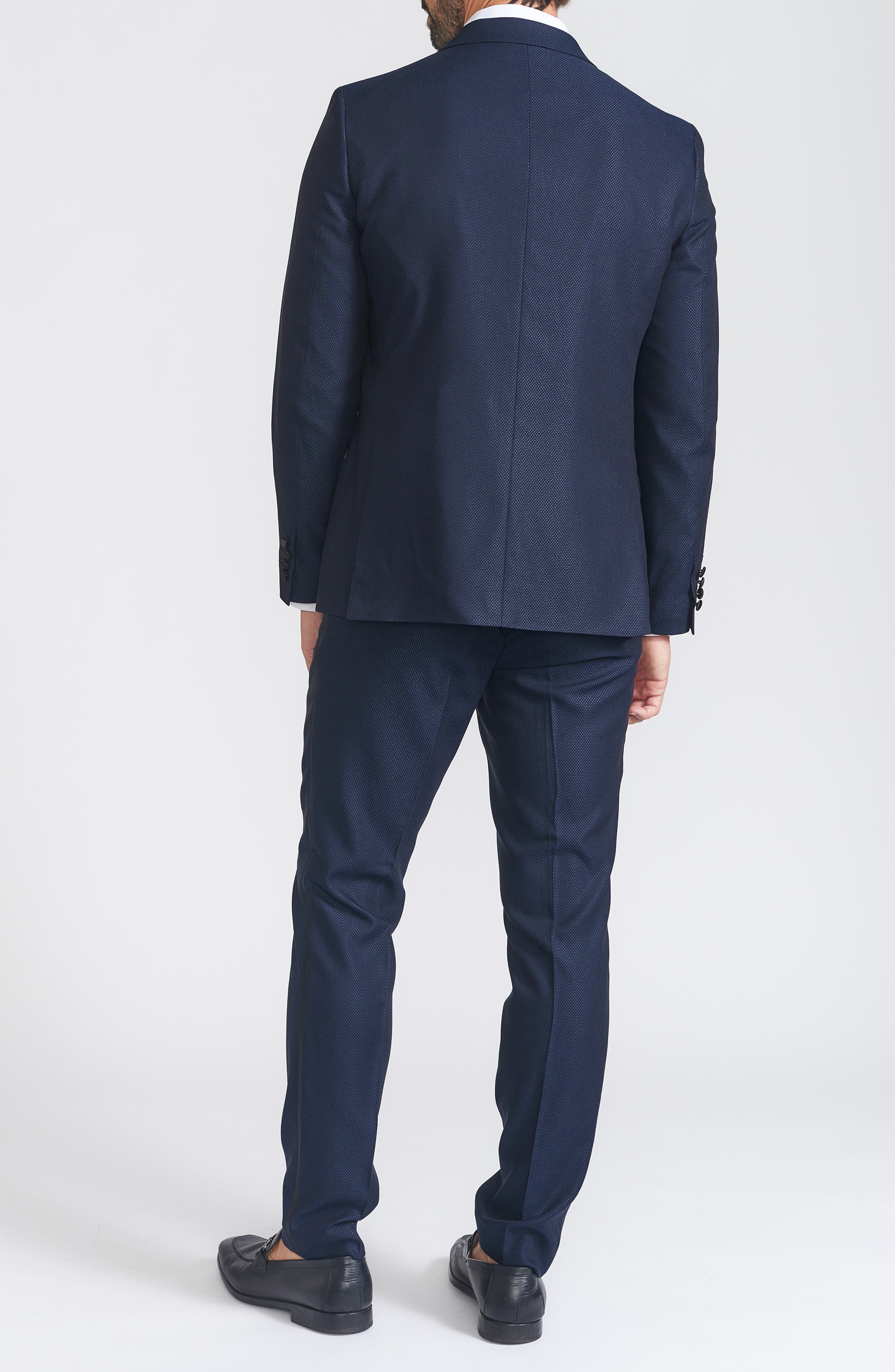 SAVILE ROW CO Slim Fit Navy Check Satin Lapel Tuxedo Suit
