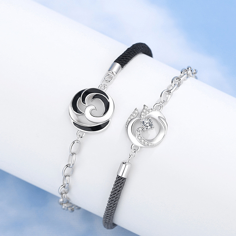 Original Phoenix Chime Couple Bracelet, Pure Silver, a Pair, with a Modern Chinese Design, Geometric Round Ring, Perfect as a Valentine's Day Gift