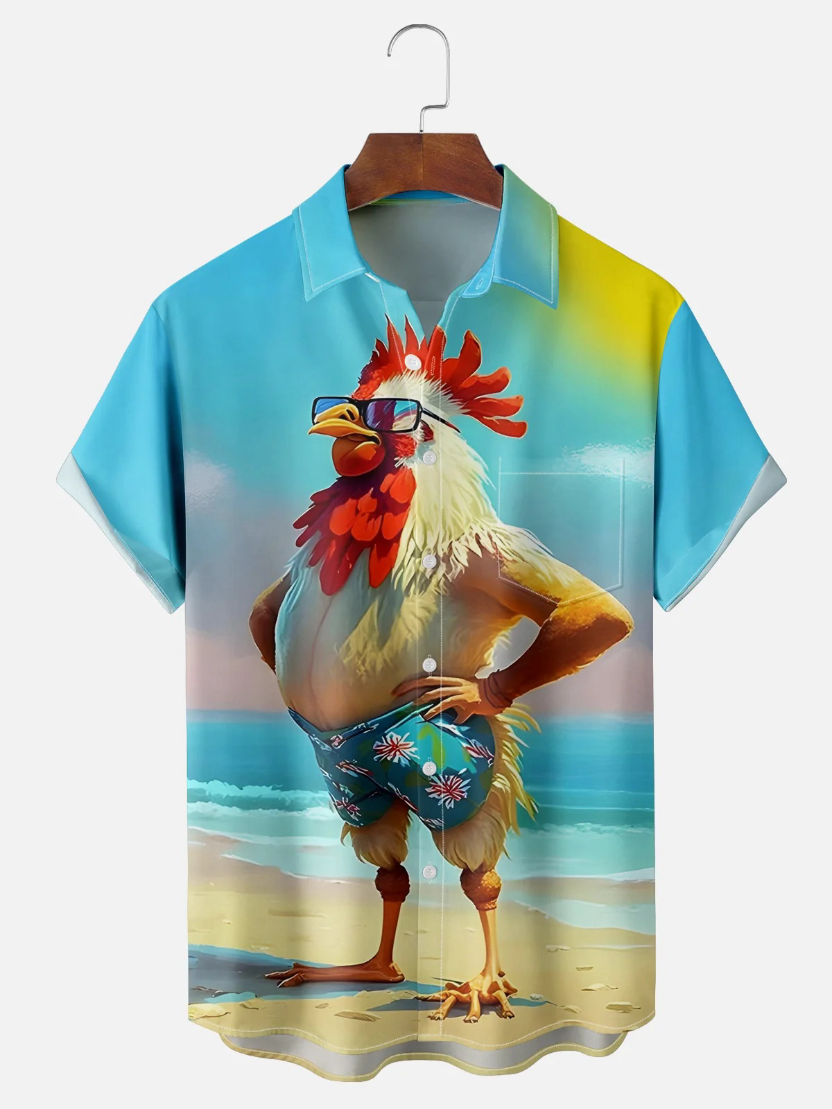 Moisture-wicking Beach Fun Chicken Chest Pocket Hawaiian Shirt