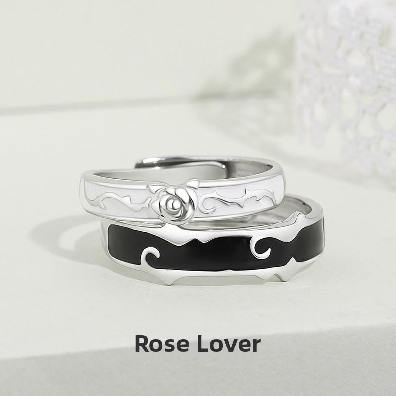 Original Rose Lover Couple Rings, Pure Silver, a Pair for Men and Women, Japanese and Korean Style, Simple and Unique Design, Creative Open Ring
