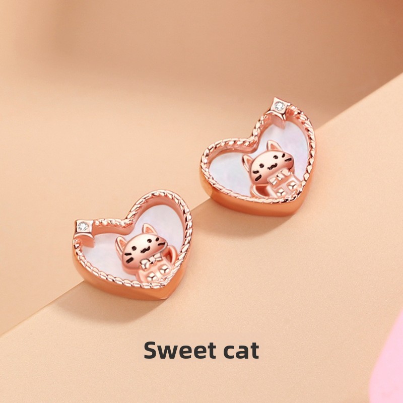 Original Sweetheart Cat Earrings for Women, Rose Gold Heart-Shaped Mother-of-Pearl Earrings, Niche Design for Girls and Best Friends