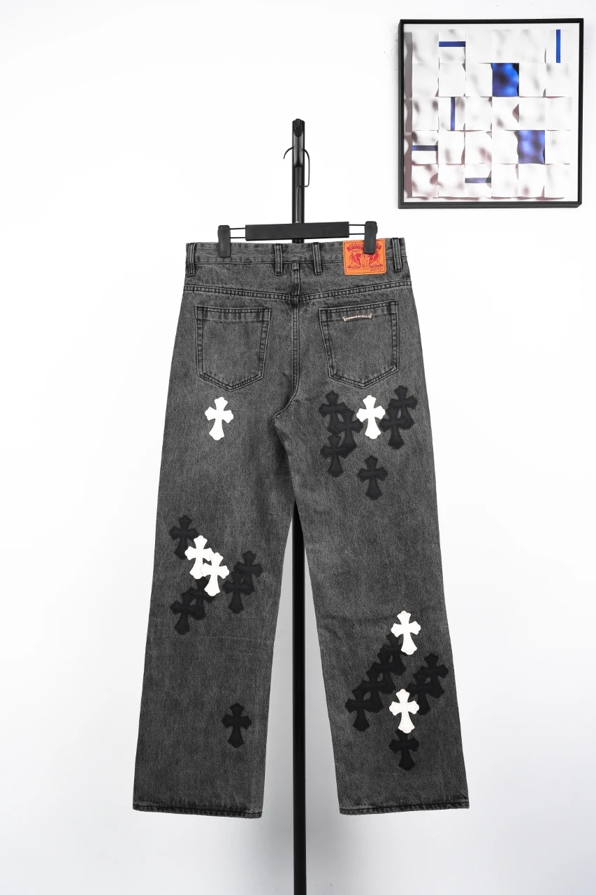 Chrome Hearts Black Grey Flame Cross Leather Patch Jeans product photo from LabelPicks