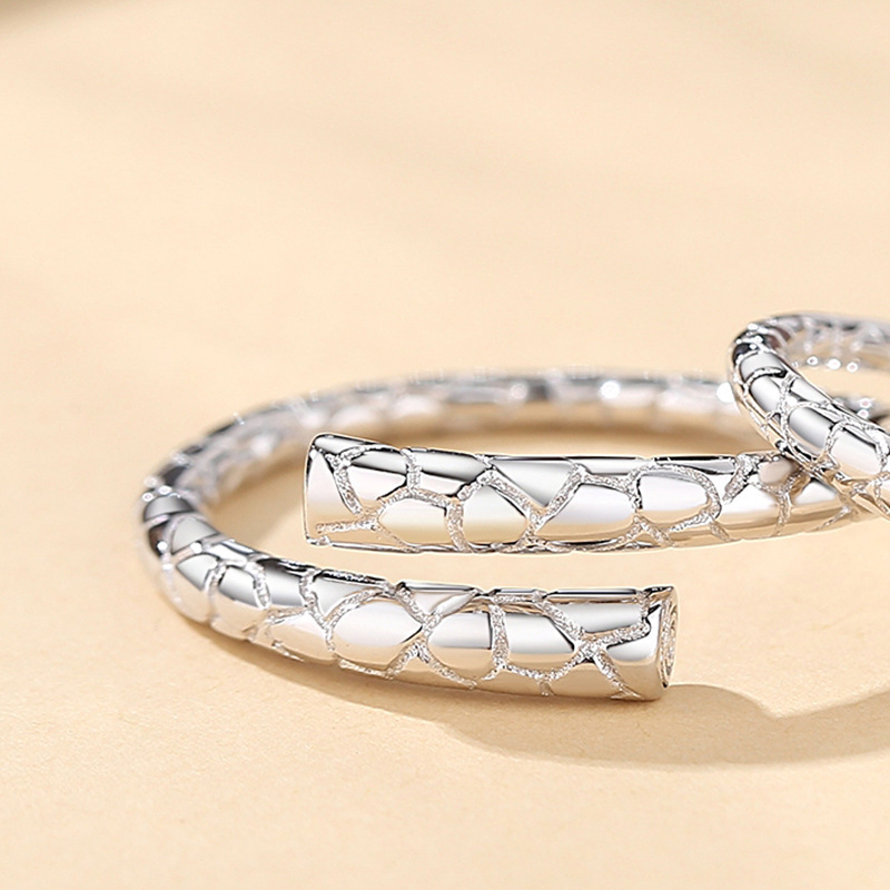925 sterling silver couple rings, featuring a unique design with a circular geometric snake pattern, and an adjustable open ring style