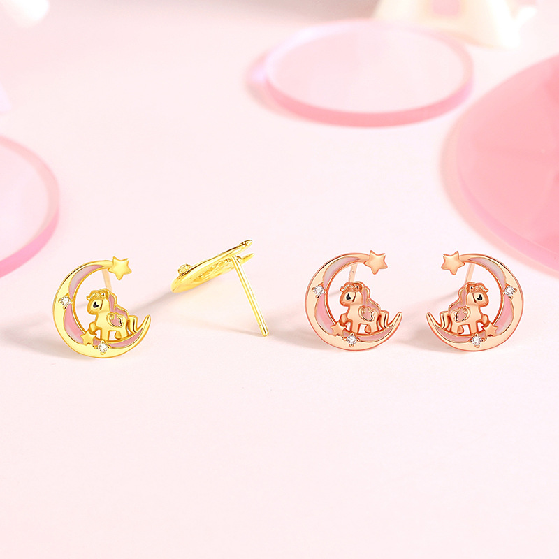 Original Star and Moon Cute Horse Earrings for Women, Pure Silver, Unique Design, Enamel Unicorn Earrings, Girly Heart, Horse Year Earrings
