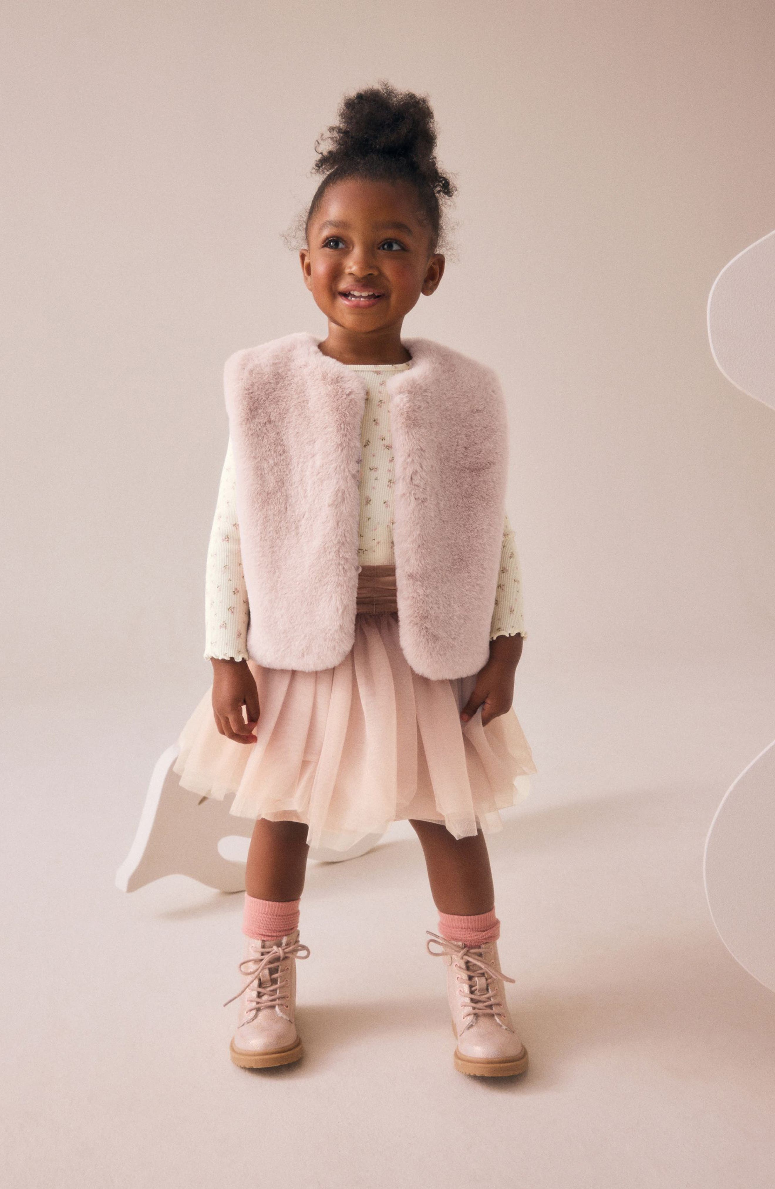 NEXT Kids' Floral Print T-Shirt, Faux Fur Vest & Tulle Skirt Set
