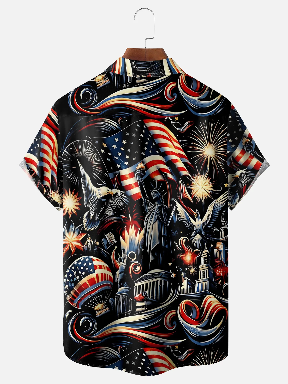 Moisture-wicking Abstract American Flag Fireworks Eagle Statue of Liberty Chest Pocket Hawaiian Shirt