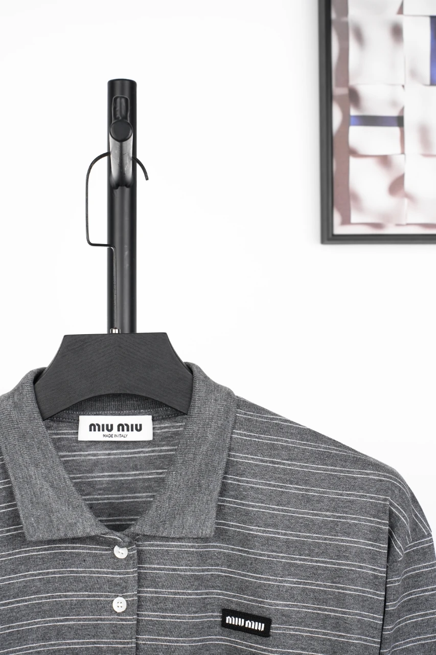 Miu Miu Grey Black Fine Stripe Long Sleeve Polo Shirt product photo from LabelPicks