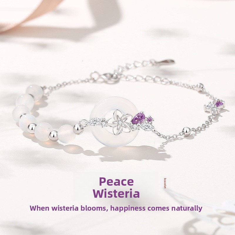 Original design: A peace knot and wisteria flower bracelet for women, made of pure silver, featuring a retro Chinese style, white jade beads, and a floral design with a forest-inspired aesthetic