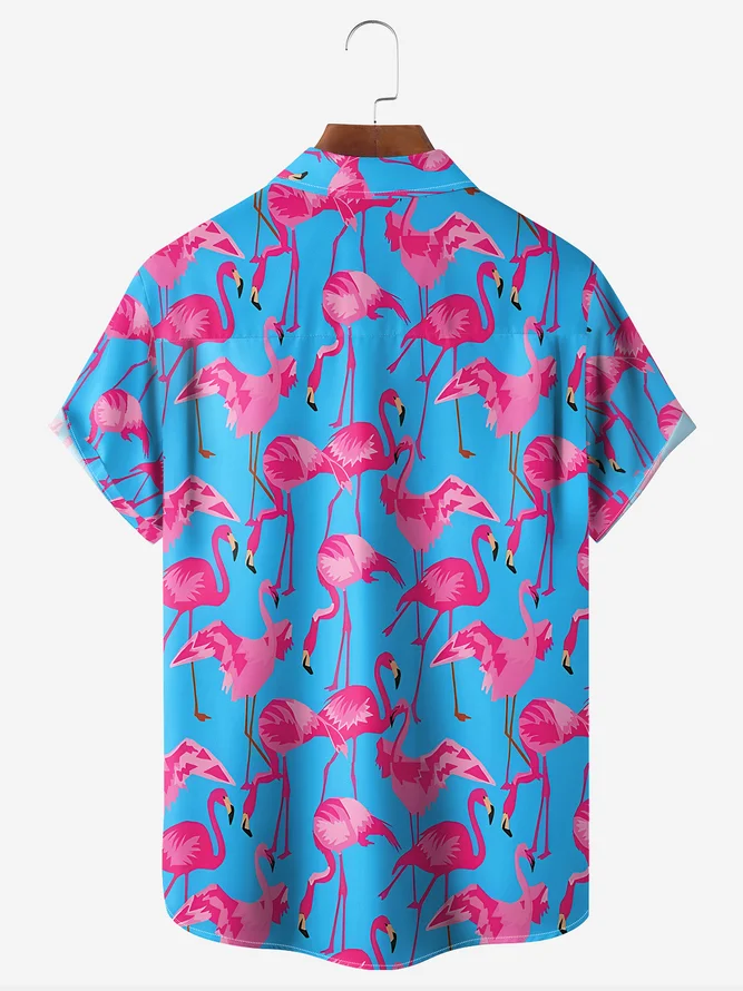 Tropical Animal Flamingo Chest Pocket Short Sleeve Hawaiian Shirt