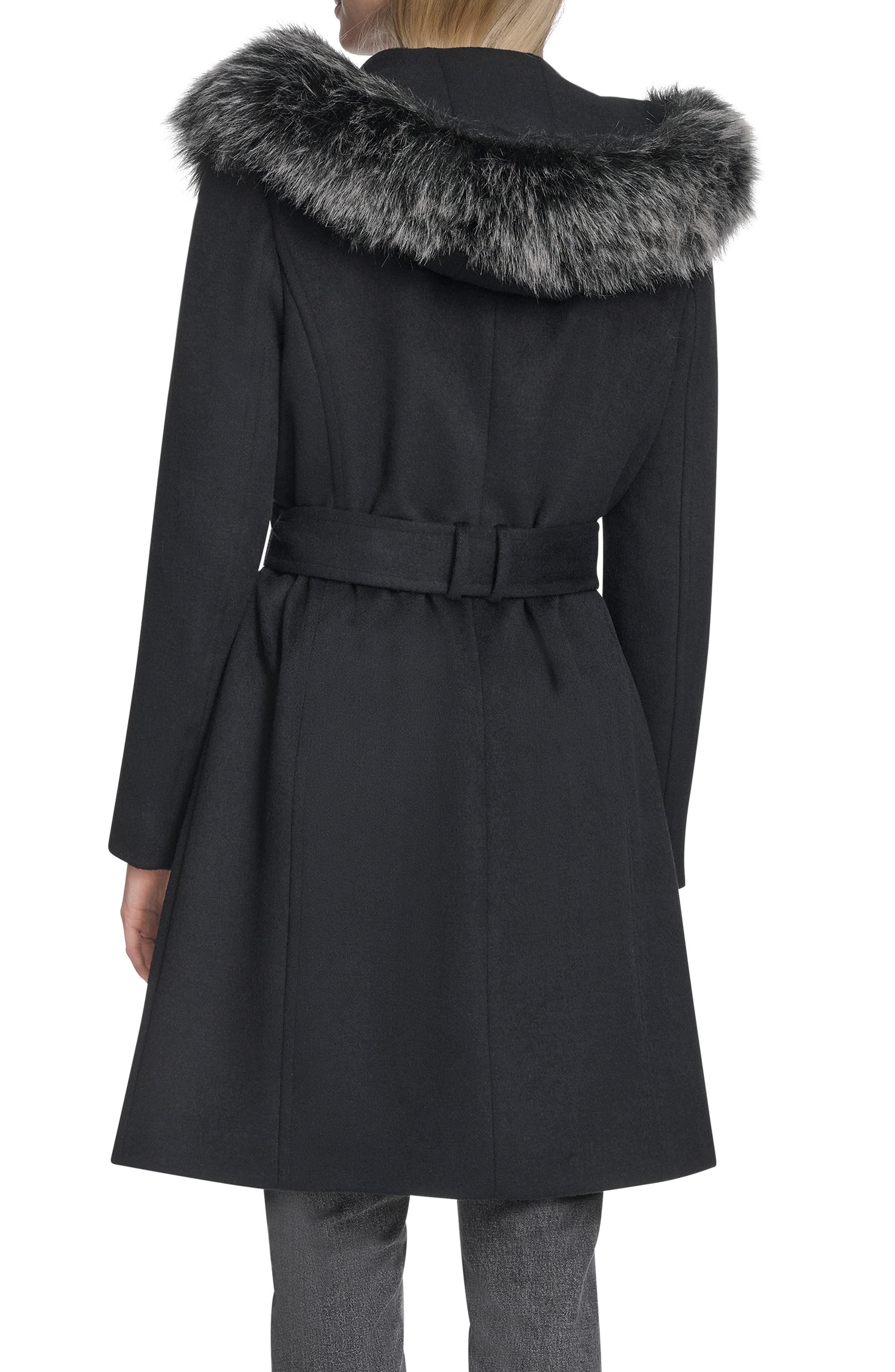 Cole Haan Slick Wool Blend Coat with Faux Fur Trim Hood