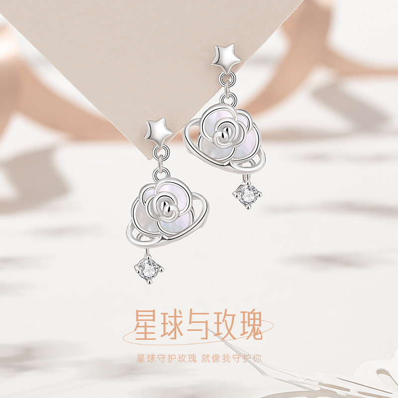 Original Planet Rose Flower Earrings for Women, Pure Silver, Summer Fresh Floral Mother-of-Pearl Earrings, Ins-style Chic Earrings