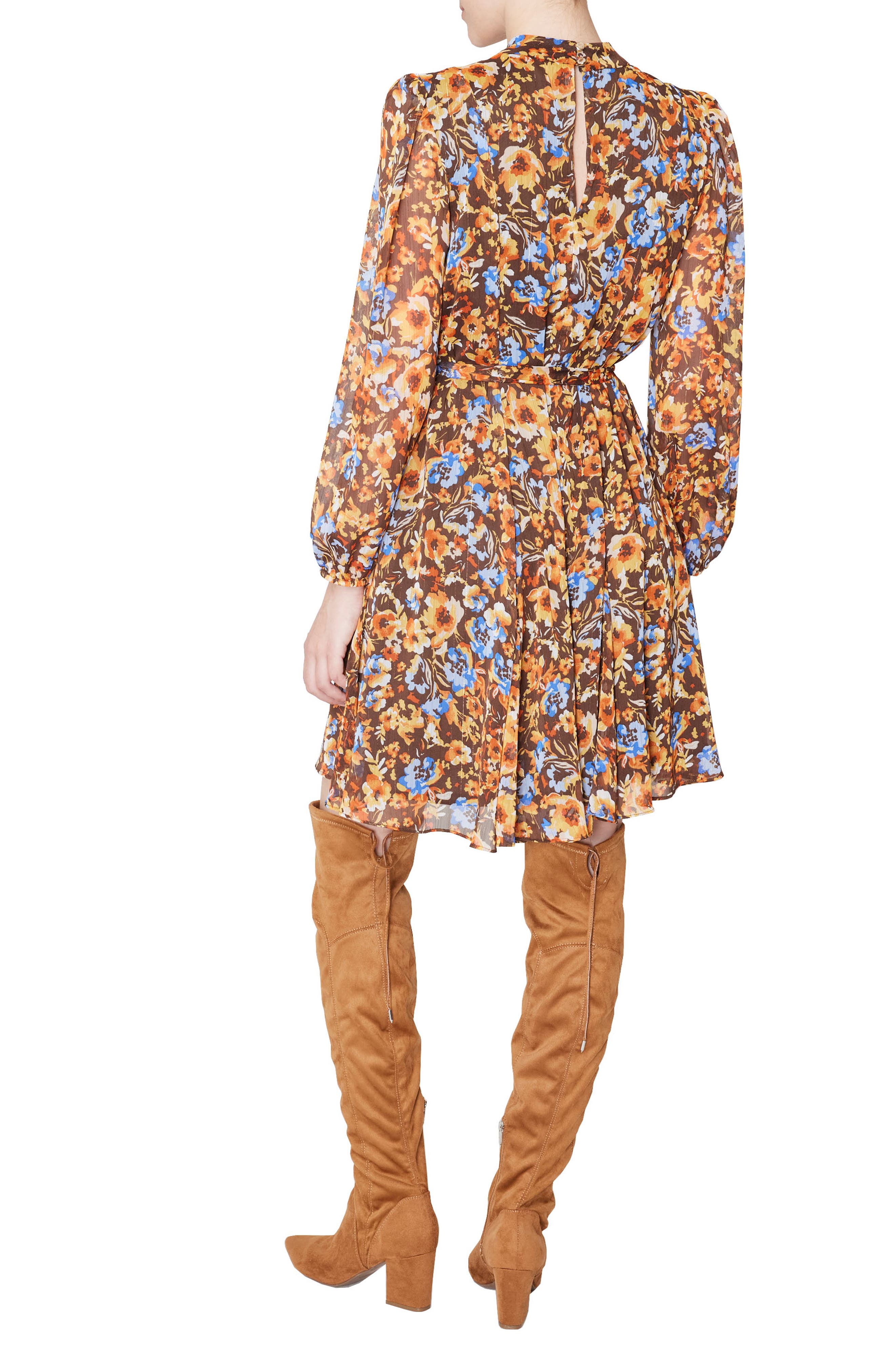 Julia Jordan Floral Knot Neck Tie Waist Long Sleeve Dress