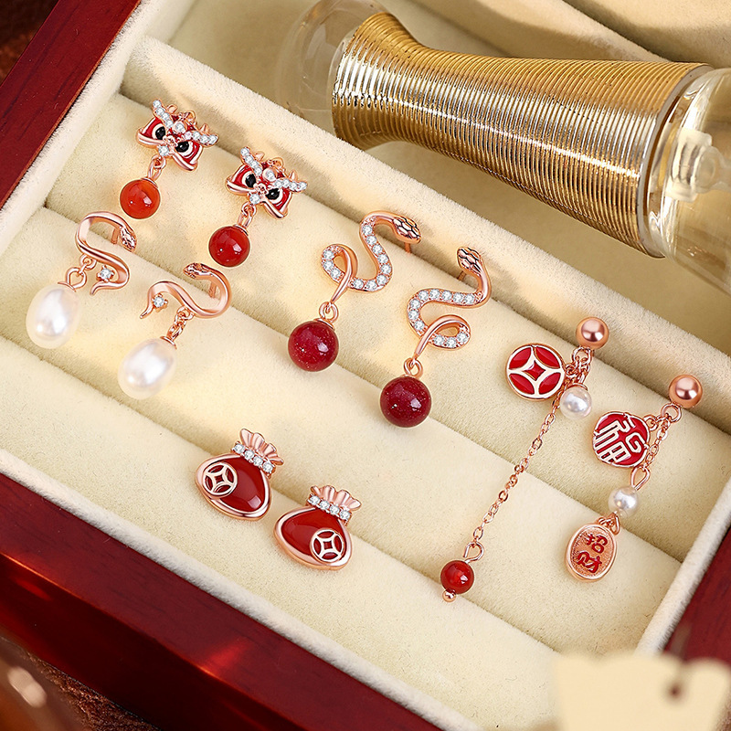 New Year's Lucky Earrings, Chinese Style, New Chinese Design, Original Cinnabar Pearl Earrings, Chinese Style Snake Year Earrings