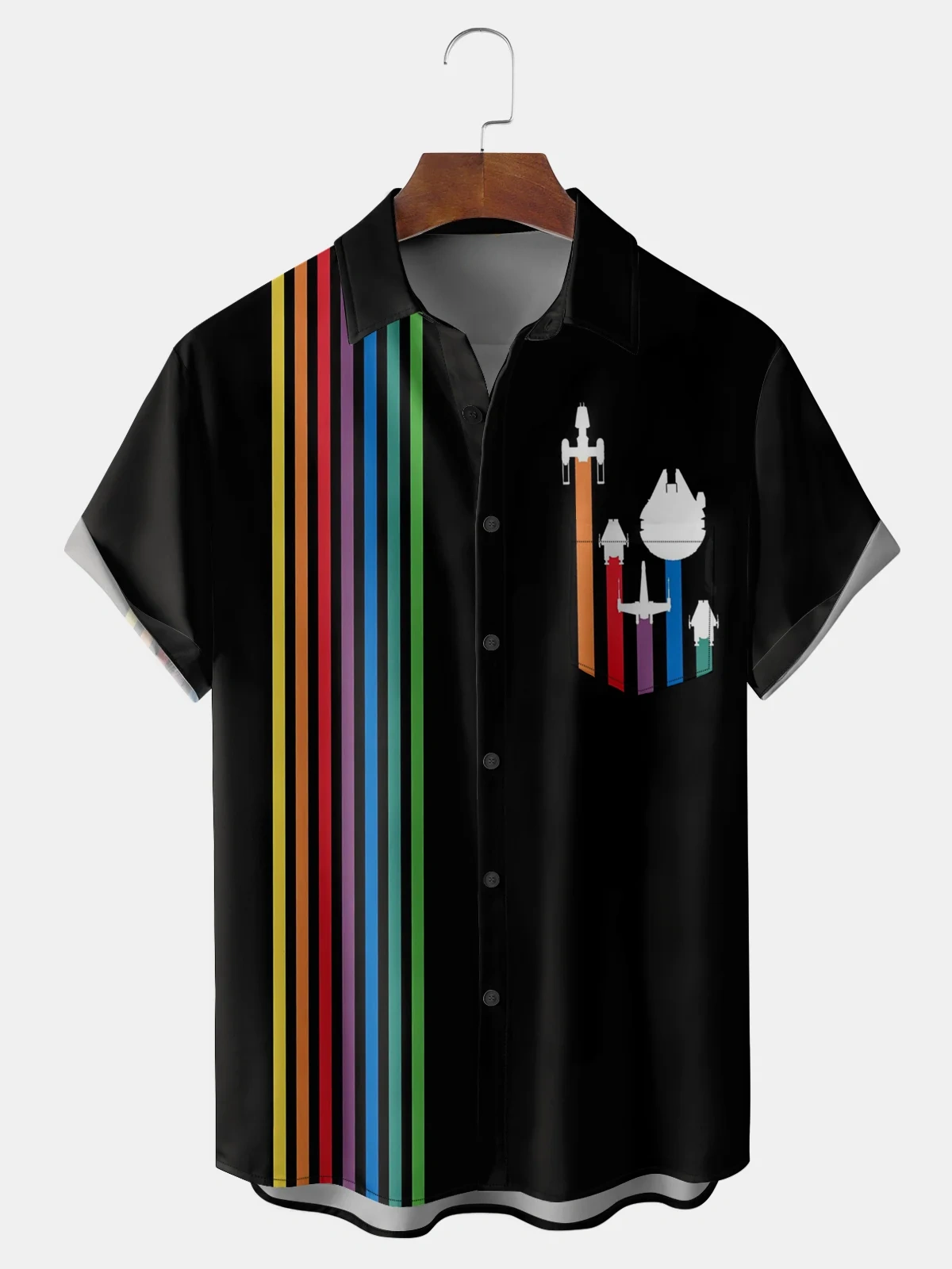 Moisture-Wicking Star Geometric Color-Block Aircraft Chest Pocket Bowling Shirt