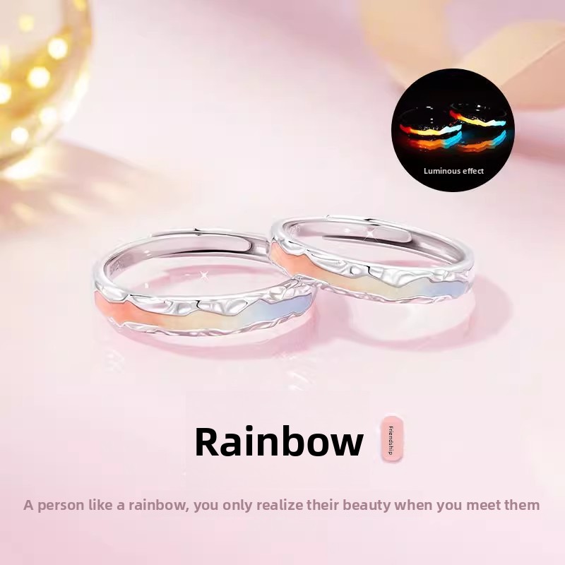 Rainbow luminous couple rings, sterling silver 925, minimalist design with an elegant aesthetic, enamel detailing, unique and stylish, perfect as a Valentine's Day gift