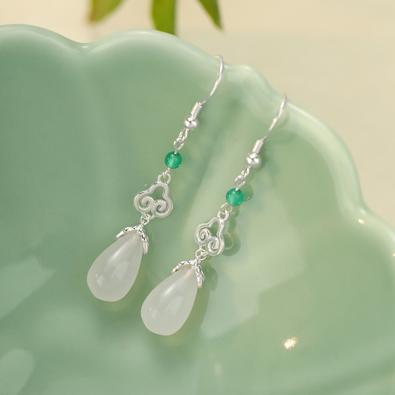 925 sterling silver Ruyi water drop earrings for women, new Chinese style Ruyi lock white chalcedony ear hooks, traditional Chinese fashion earrings