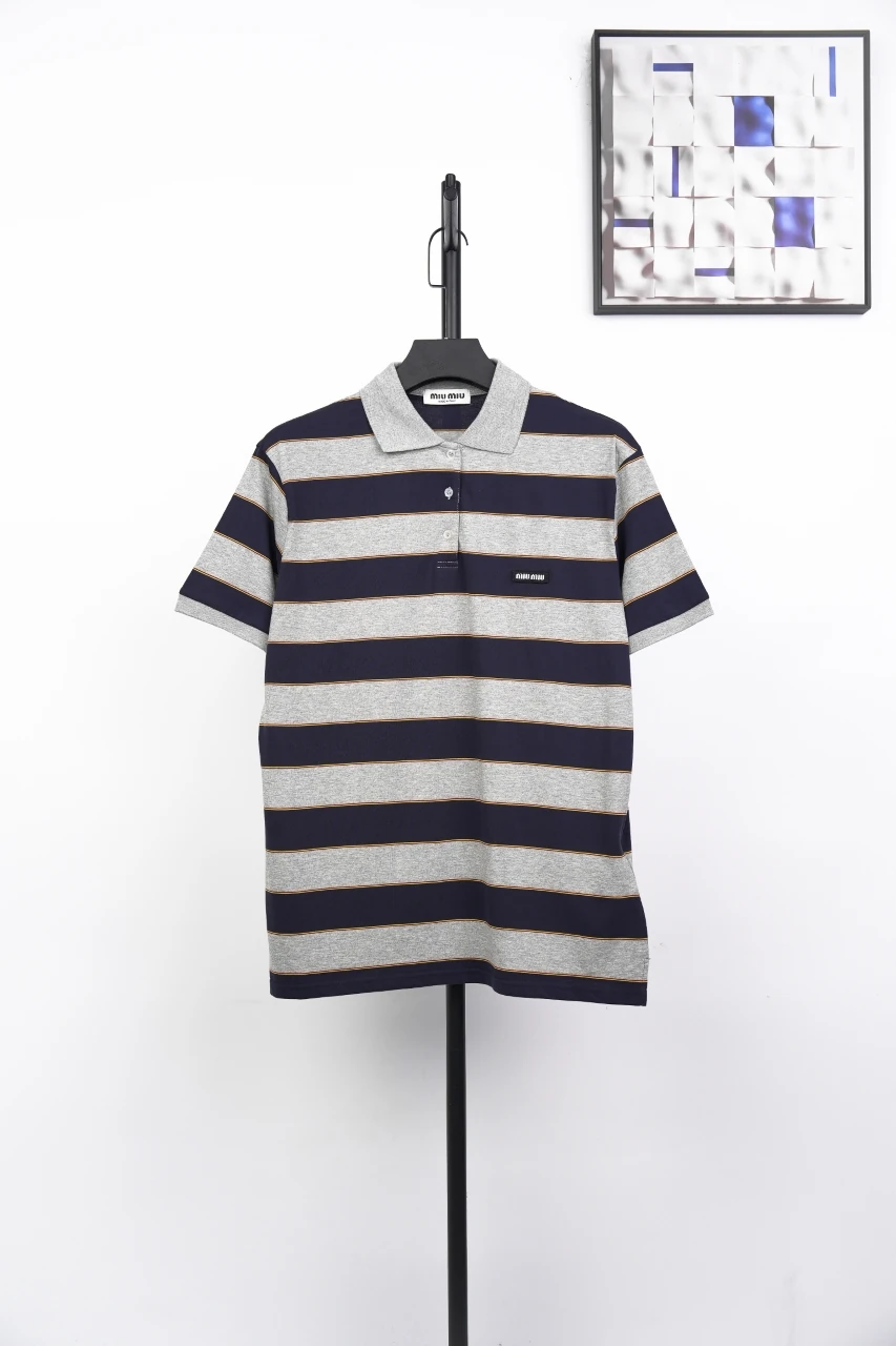 Miu Miu Grey Blue Stripe Logo Short Sleeve Polo Shirt product photo from LabelPicks