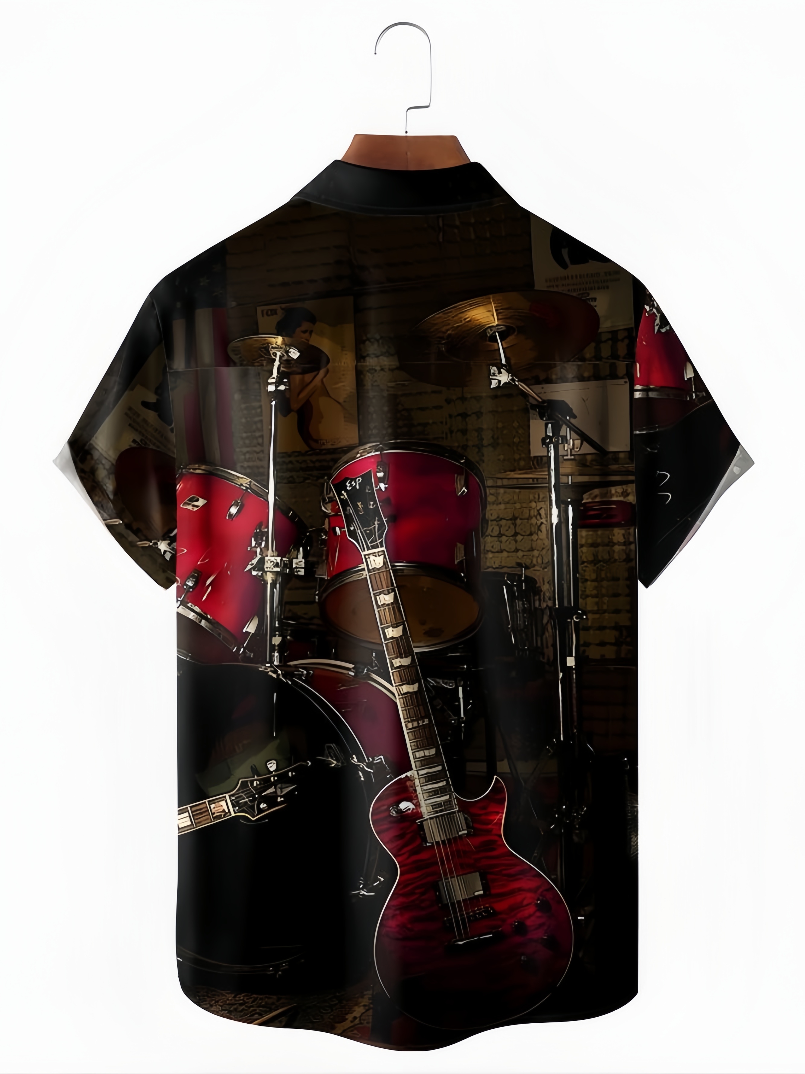 Music Guitar Chest Pocket Short Sleeve Casual Shirt
