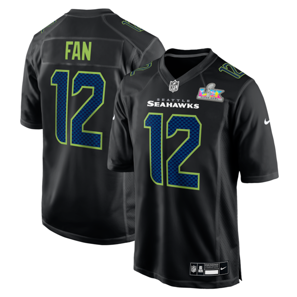 Men's Seattle Seahawks 12s Nike Black Super Bowl LX Patch Carbon Fashion Game Jersey