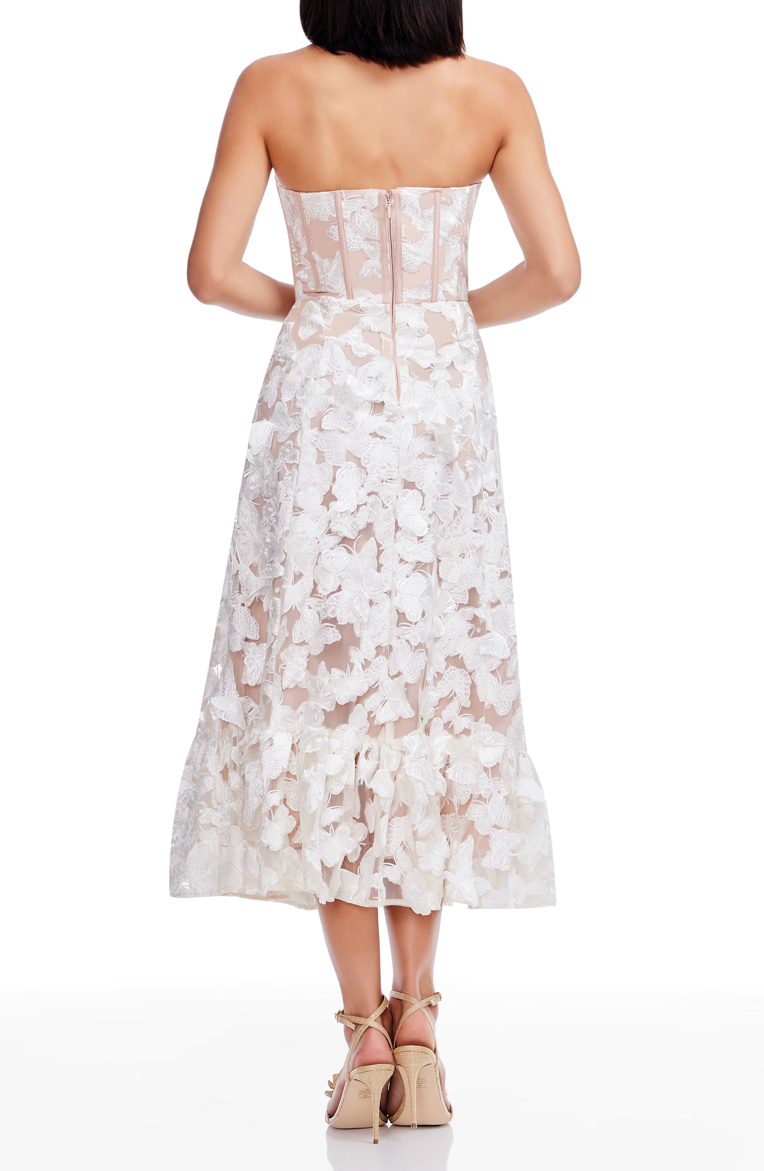 Dress the Population Carina Butterfly Appliqué Strapless Cocktail Midi Dress