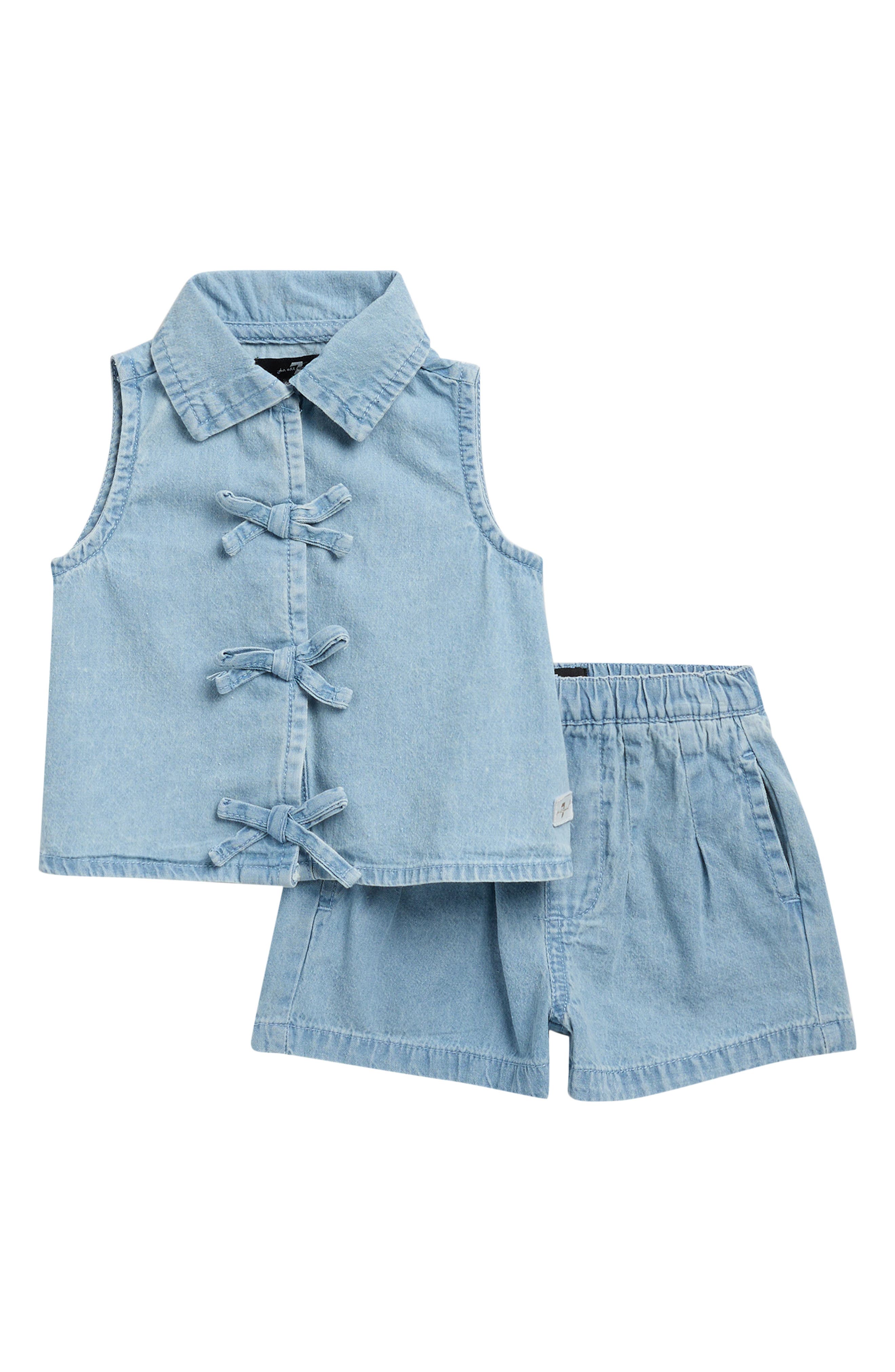 7 For All Mankind Bow Cotton Denim Top & Shorts Set