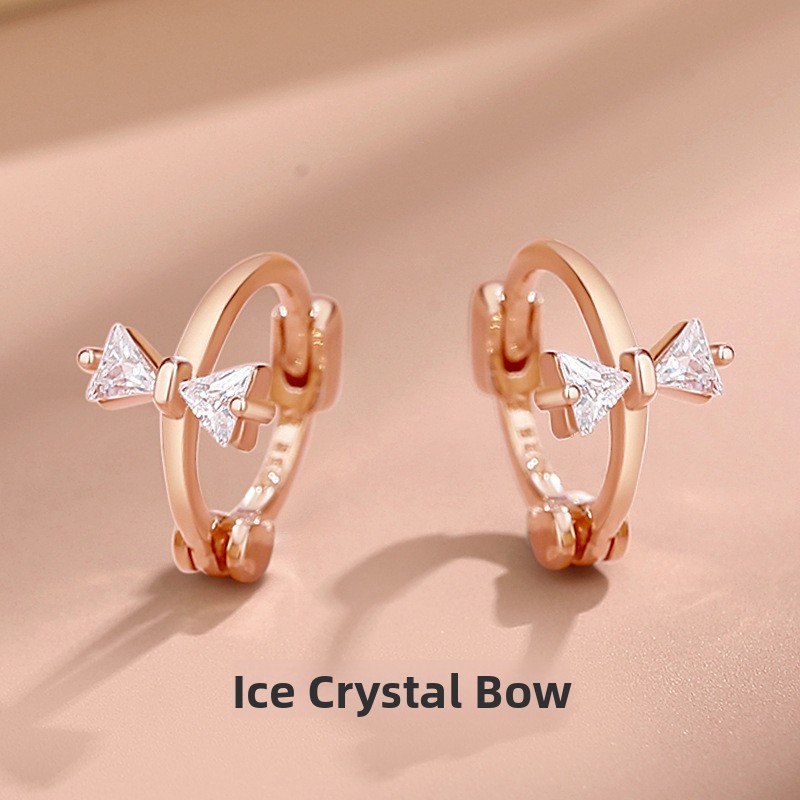 S925 sterling silver bow earrings, Korean style, versatile, small, rose gold cubic zirconia earrings, trendy hoop earrings for cross-border sales
