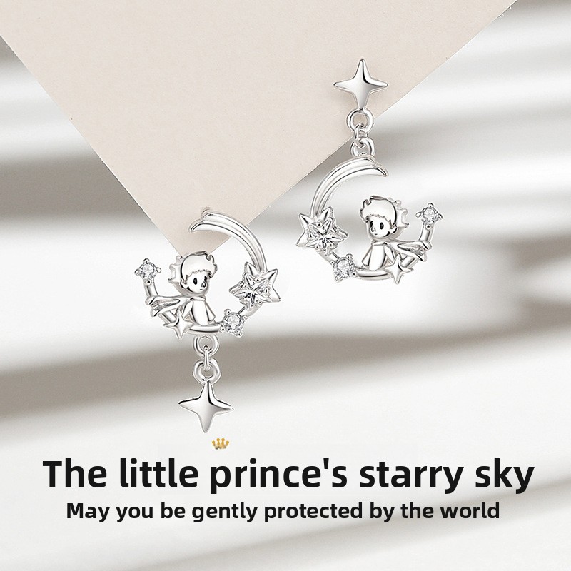 Original Little Prince starry sky earrings for women, sterling silver, Korean style, niche design, star and moon earrings, ins asymmetric earrings