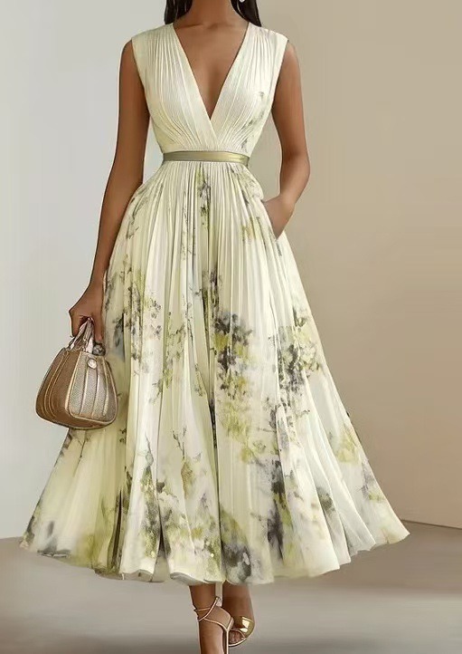 Summer Hanging Neck Sleeveless Waist Party Maxi Dress Women Elegant Hollow Floral Print Pleated Lady Chic Evening Gown Vacation LYQ602082