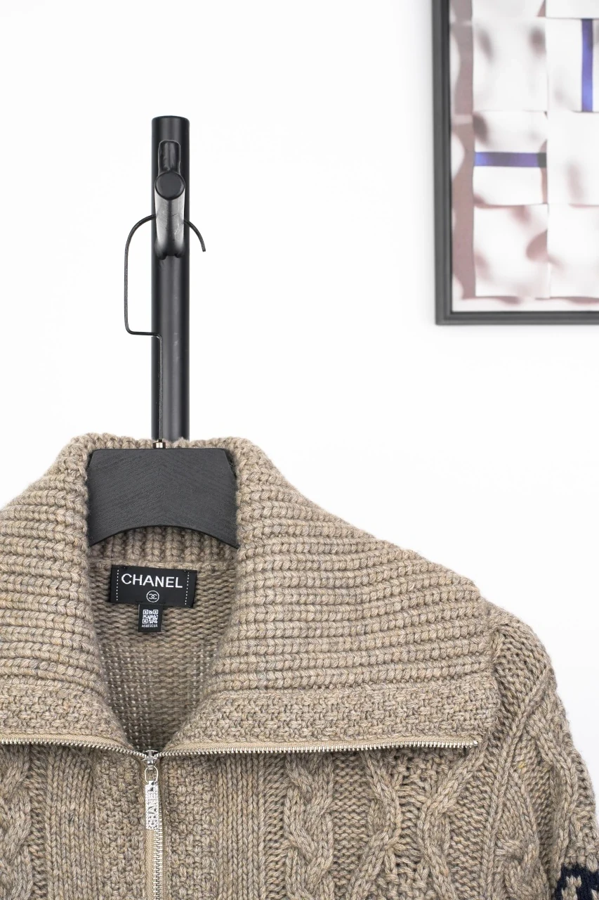 CHANEL Taupe Grey Cable-Knit Zip Jacket product photo from LabelPicks
