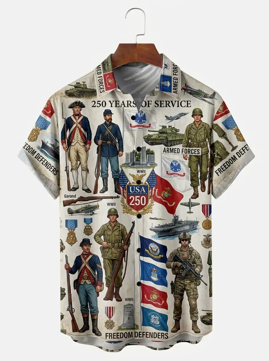 Men's printed shirts, 250 Years of U.S. Armed Forces Service Hawaiian Shirt