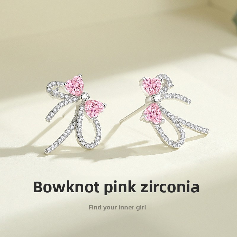 Original design: bow-shaped pink cubic zirconia earrings, made of 925 sterling silver, with a sweet and simple design, featuring a heart-shaped motif, perfect for a youthful and girly look