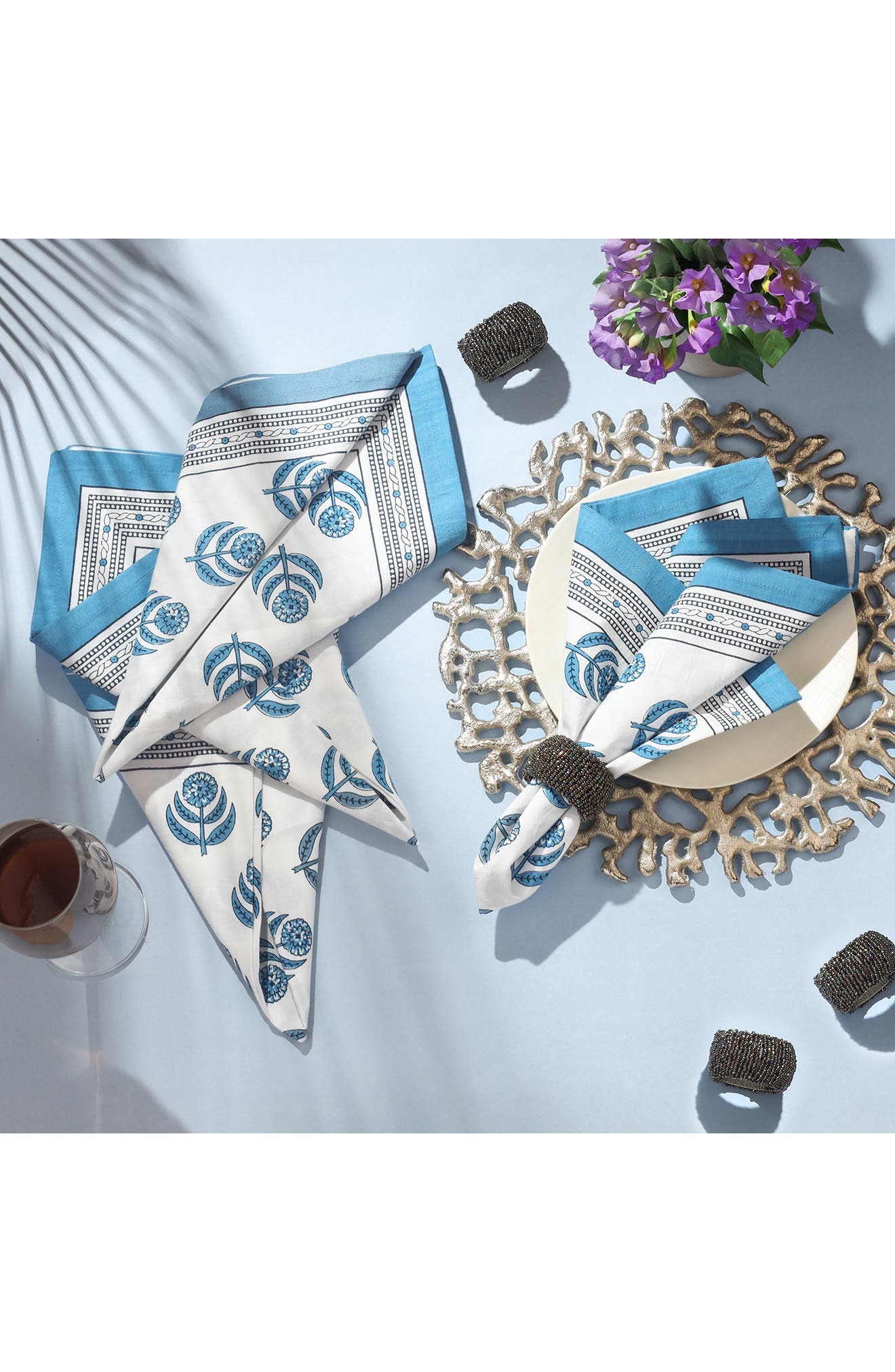 Tiramisu Set of 4 Floral Block Print Cotton Napkins