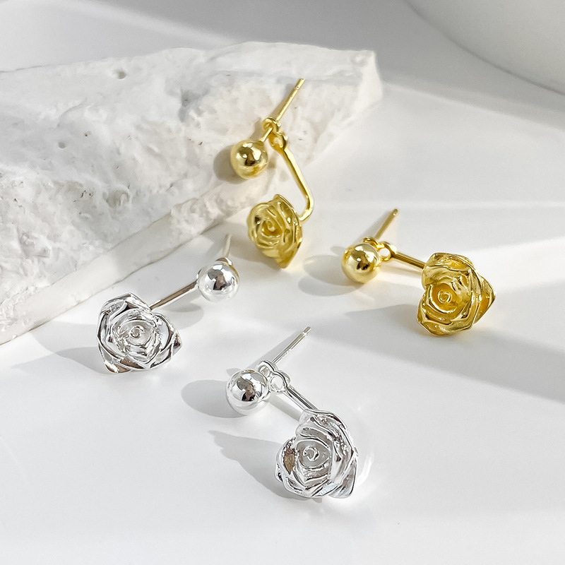 925 sterling silver heart-shaped rose earrings for women, summer forest style vintage chic earrings, trendy floral ear accessories