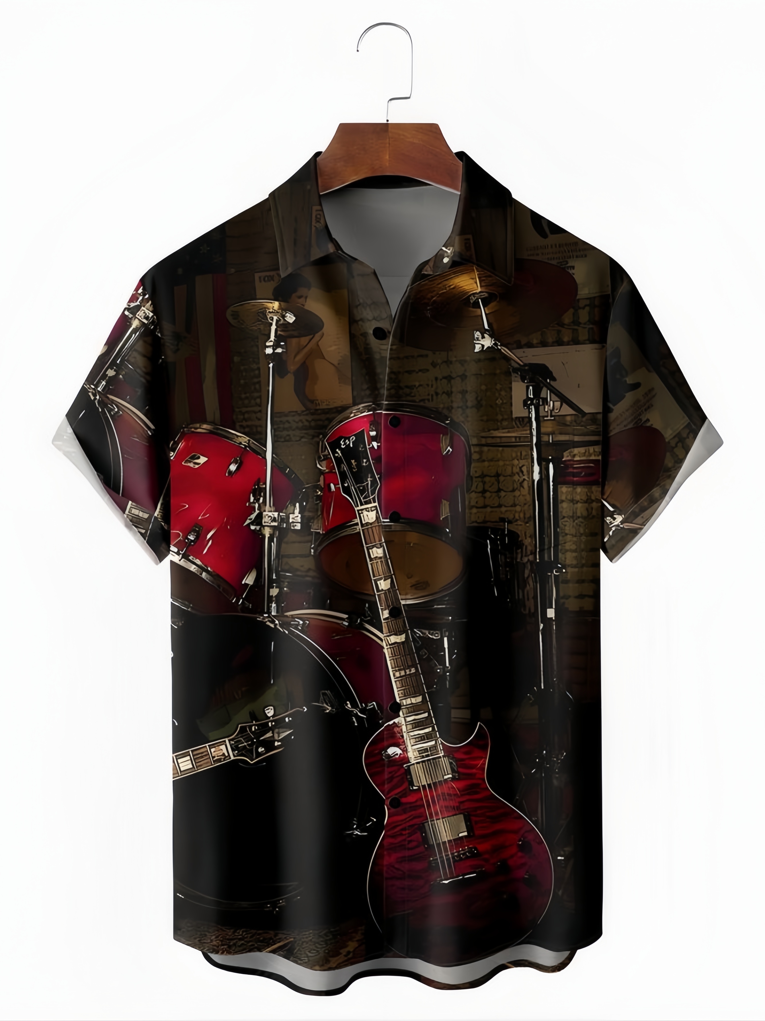 Music Guitar Chest Pocket Short Sleeve Casual Shirt