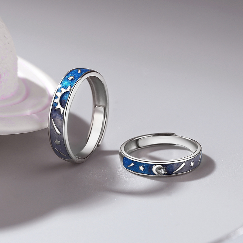 Original new design: Sun and Moon couple rings, sterling silver, a pair, featuring a unique cosmic starry sky design with enamel and resin accents