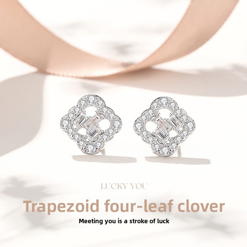 Original design, micro-paved with zirconia, four-leaf clover earrings for women, sterling silver, forest-style geometric leaf earrings, French-style delicate earrings