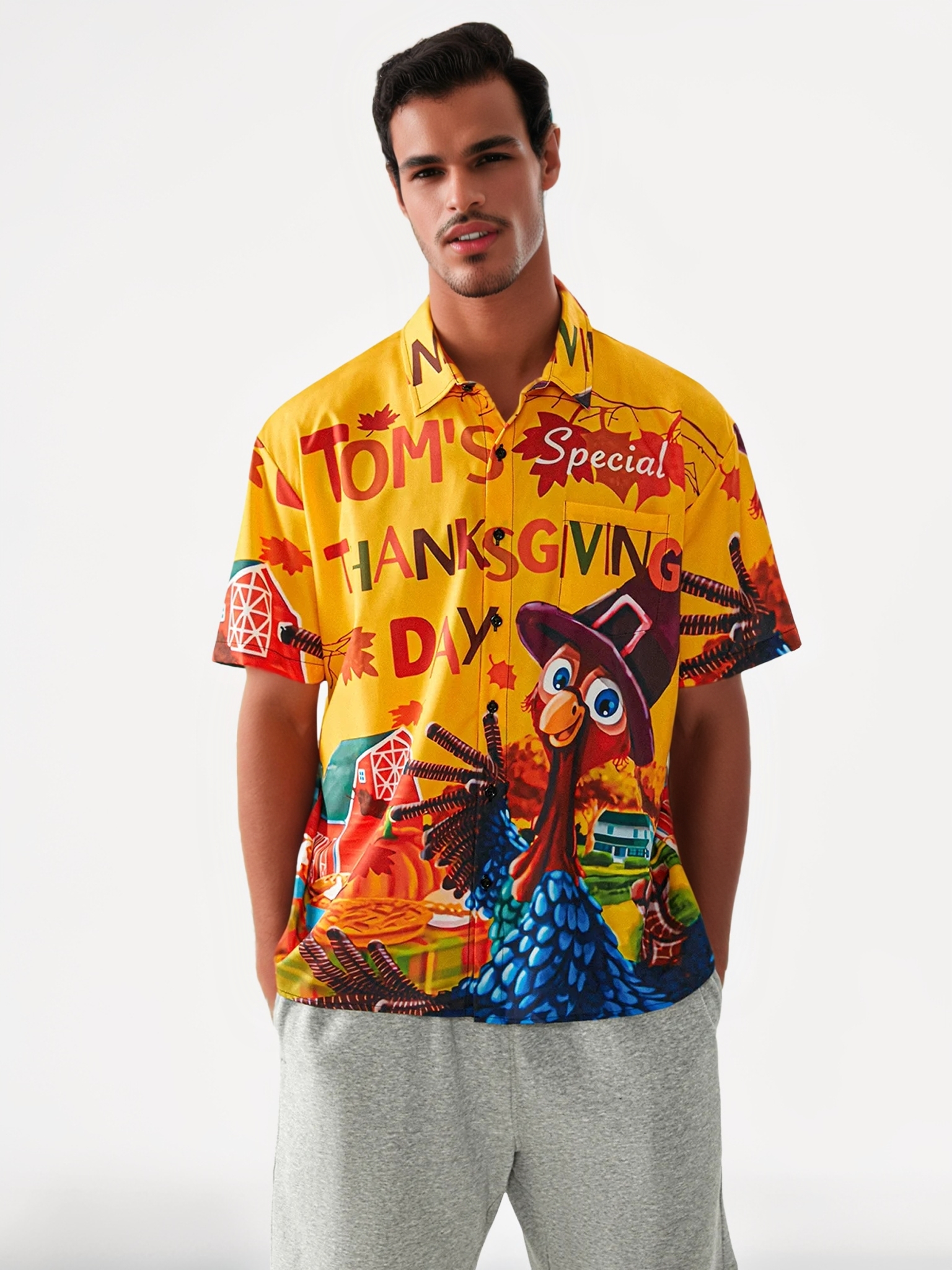 Thanksgiving Turkey Chest Pocket Short Sleeve Casual Shirt