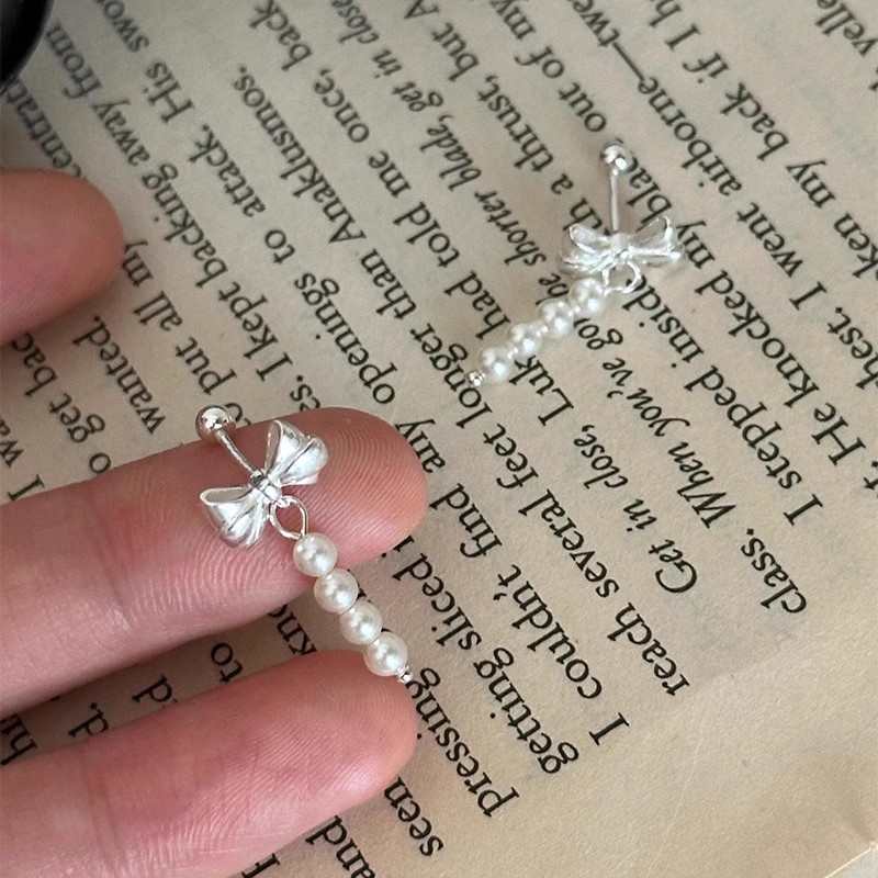 s999 pure silver bow tassel earrings for women, simple, exquisite, small, elegant, versatile for everyday wear, pearl earrings, jewelry