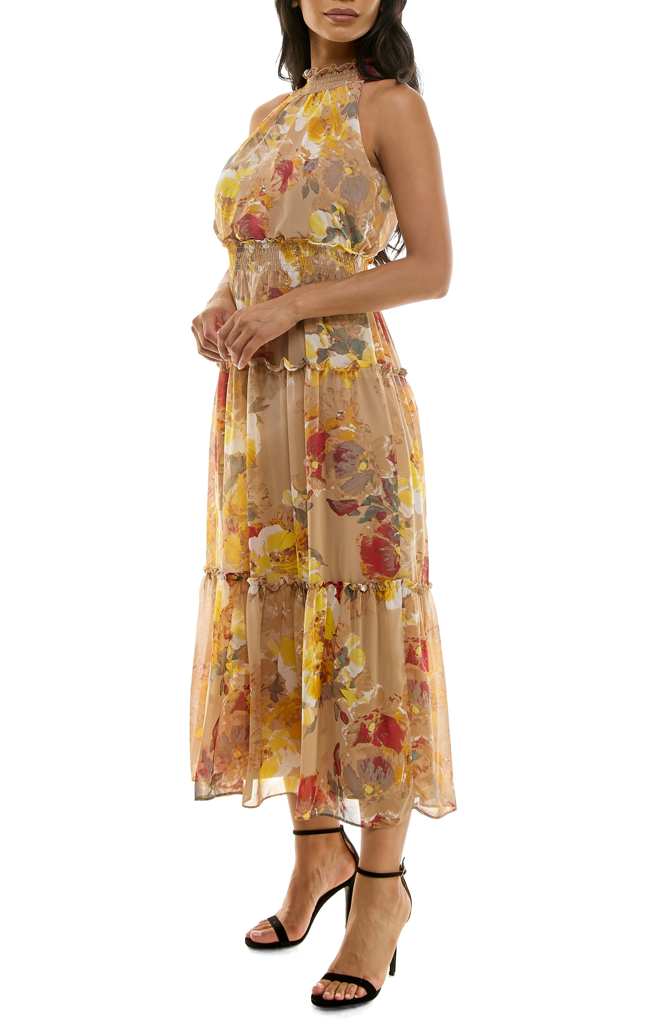 Nina Leonard Floral Sleeveless Tiered Chiffon Maxi Dress