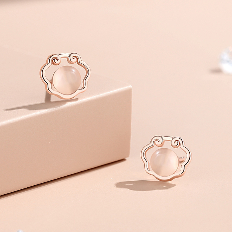 Cat's Eye Stone Peace Lock Earrings for Women, Summer New Chinese Style, National Trend, Palace Style, Vintage Earrings