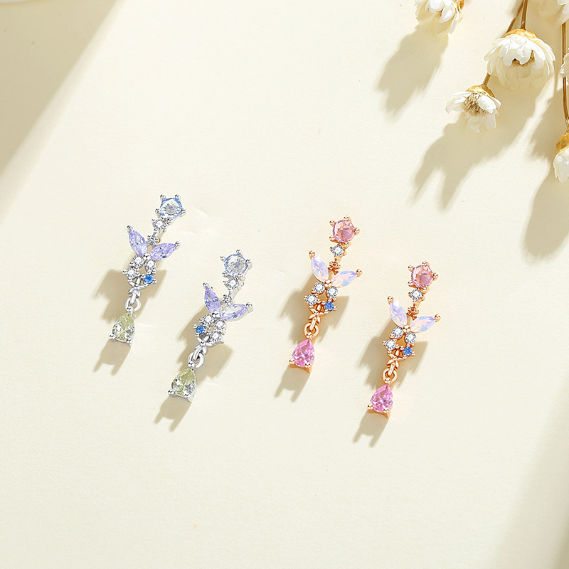 Neon Butterfly Earrings for Women 925 Sterling Silver Niche Micro-Inlaid Zirconia Girl's Atmospheric Earrings Ins Style Drop Earrings