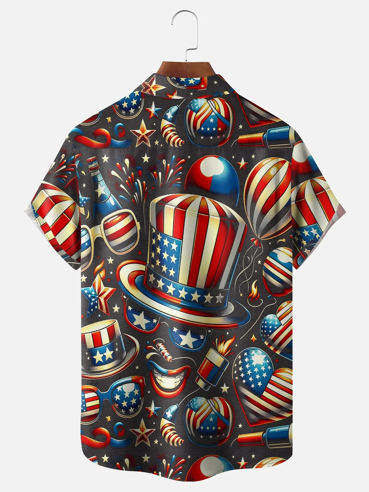 Moisture-wicking Abstract American Flag Fireworks Top Hat Chest Pocket Hawaiian Shirt