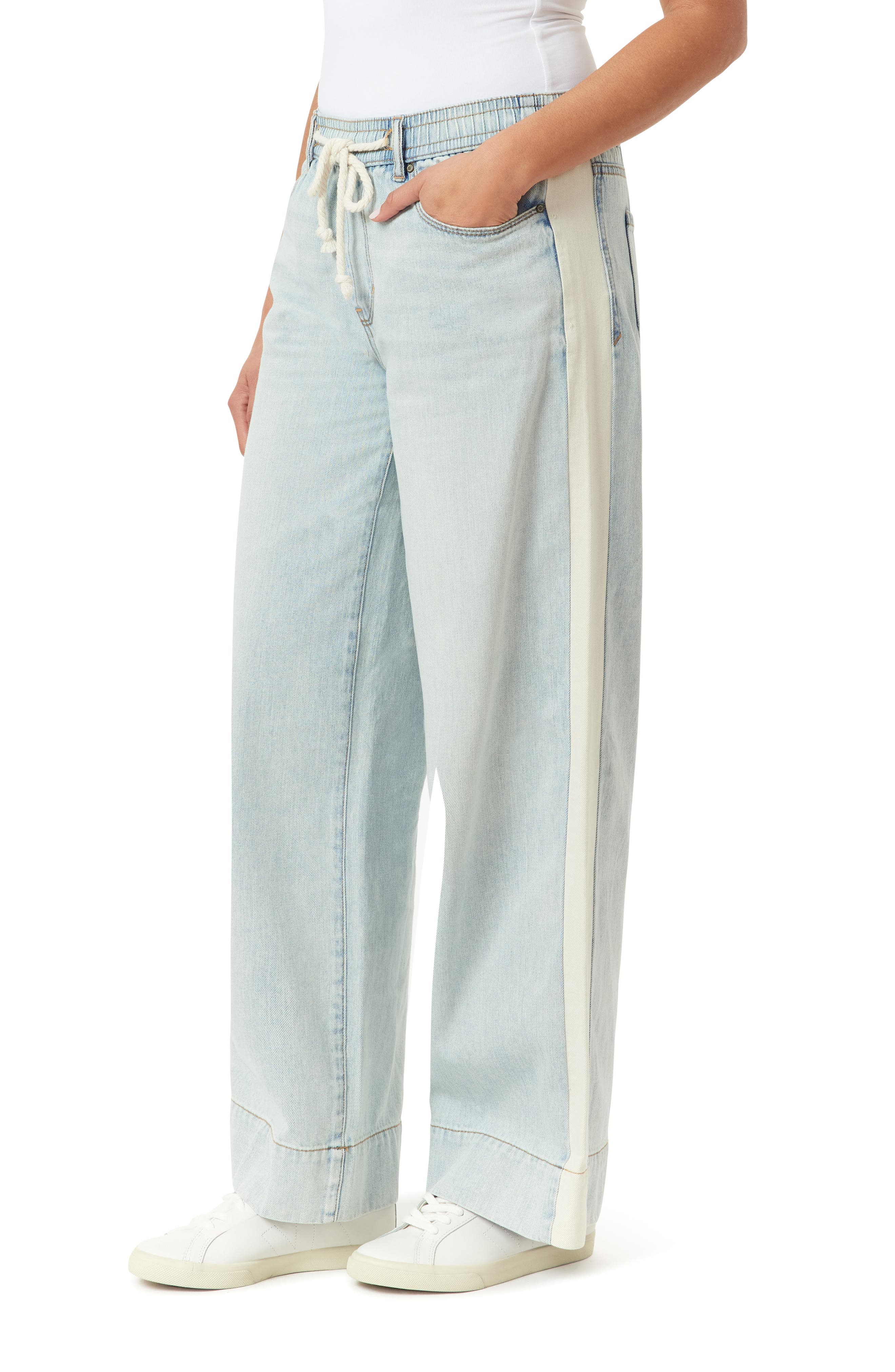 Kensie High Rise Drawstring Stripe Wide Leg Jeans