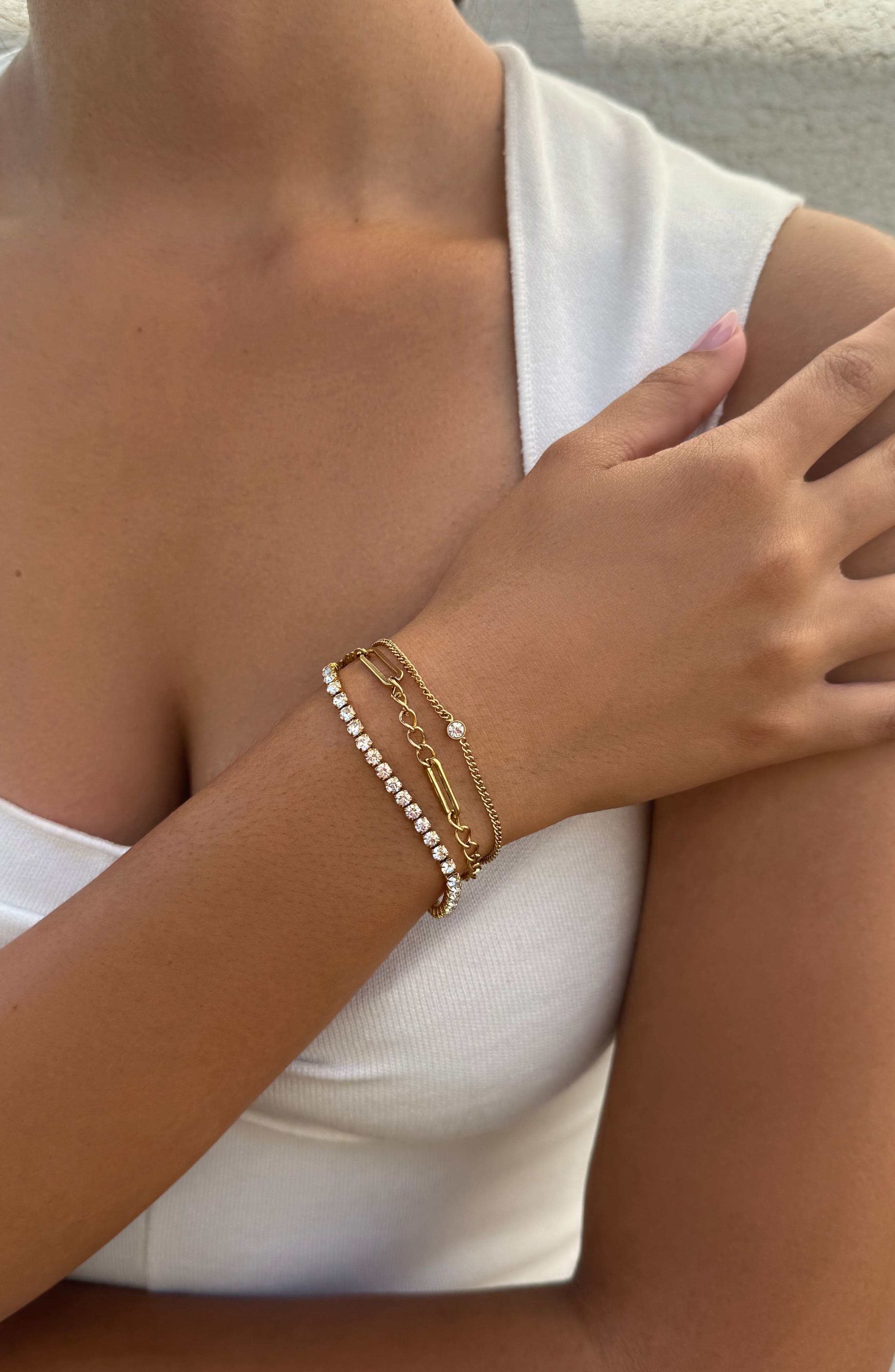 Adornia 18K Gold Plated Crystal Triple Chain Bracelet