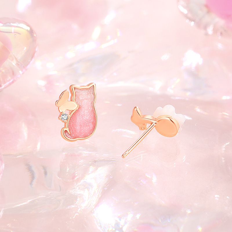 Original Butterfly Cat Earrings for Women, Pure Silver, Japanese and Korean Style, Enamel Resin Earrings, Fresh Floral Ear Accessories