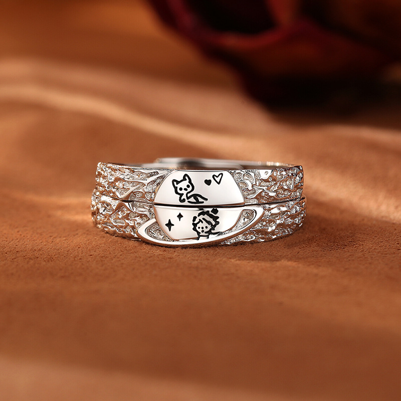 Original Little Prince and Fox Doodle Couple Rings, Unique Design, Pleated Ring, 999 Sterling Silver, 520 Gift
