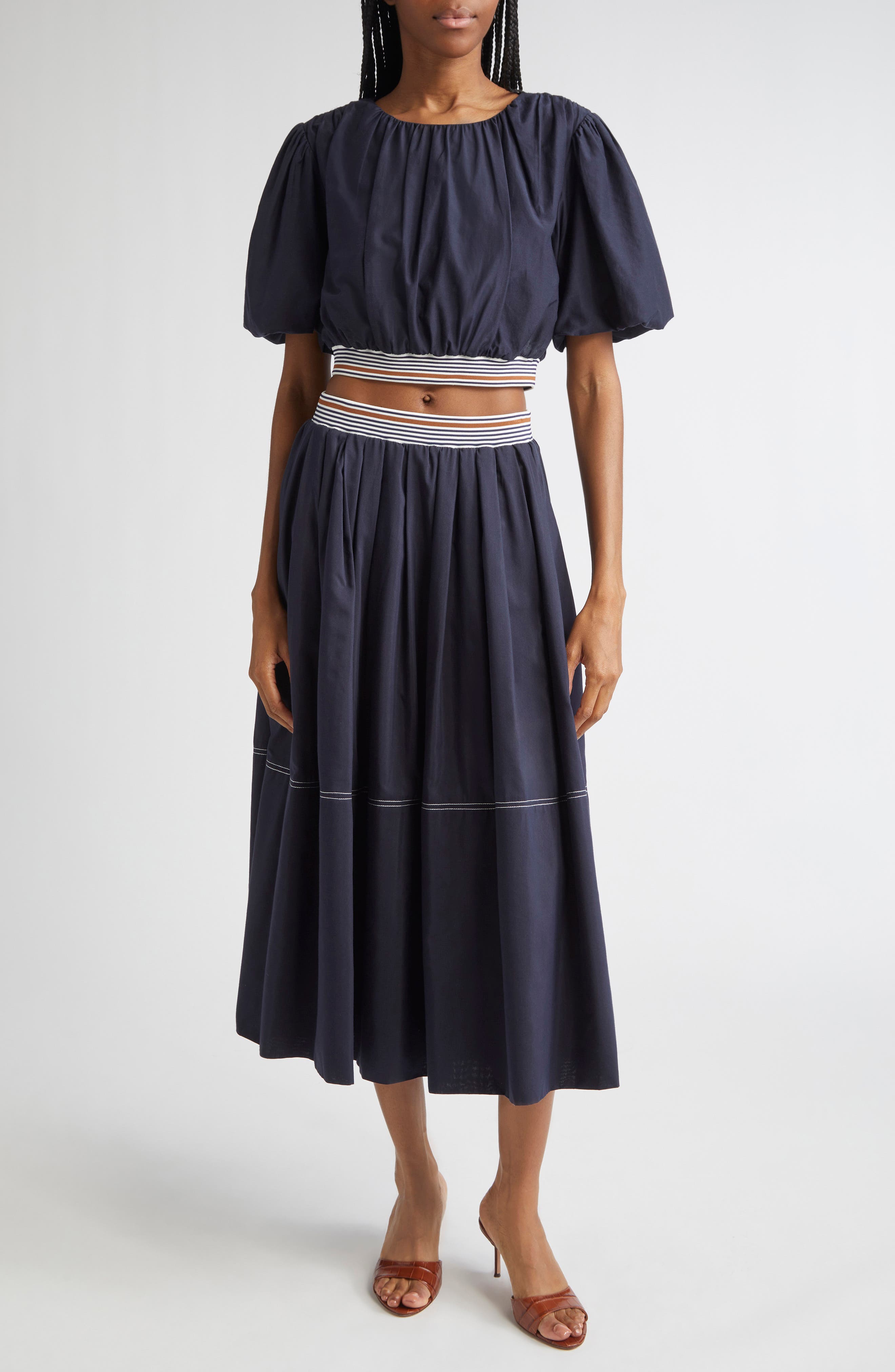 Veronica Beard Evelina Topstitch Detail Cotton & Silk Skirt