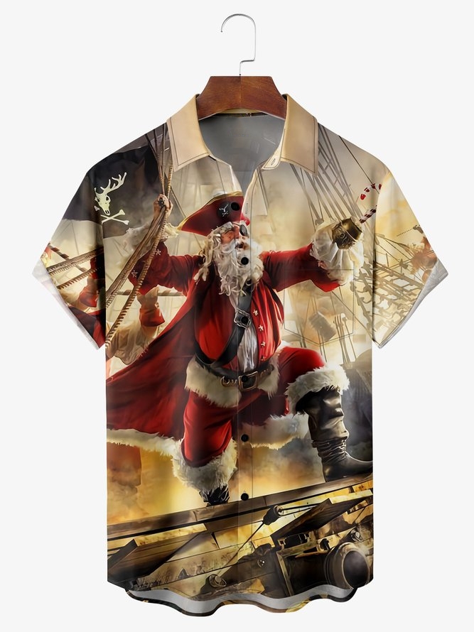 Christmas Pirate Santa Chest Pocket Short Sleeve Hawaiian Shirt