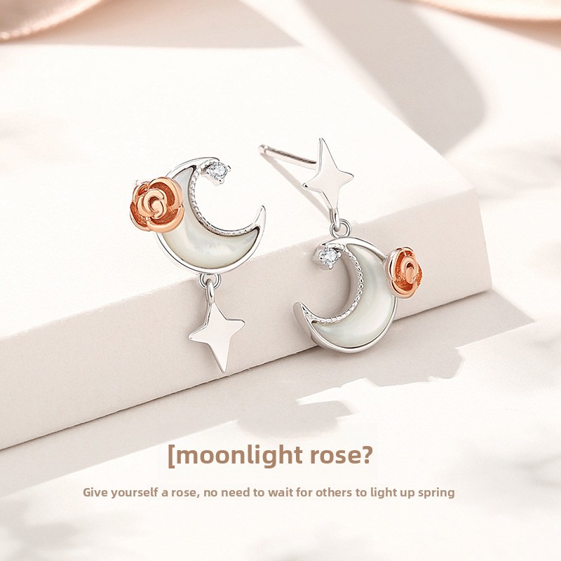 Original Moonlight Rose Flower Earrings for Women, Pure Silver, Unique Design, Dreamy Star and Moon Mother-of-Pearl Earrings, Fashionable Light Luxury Ear Accessories