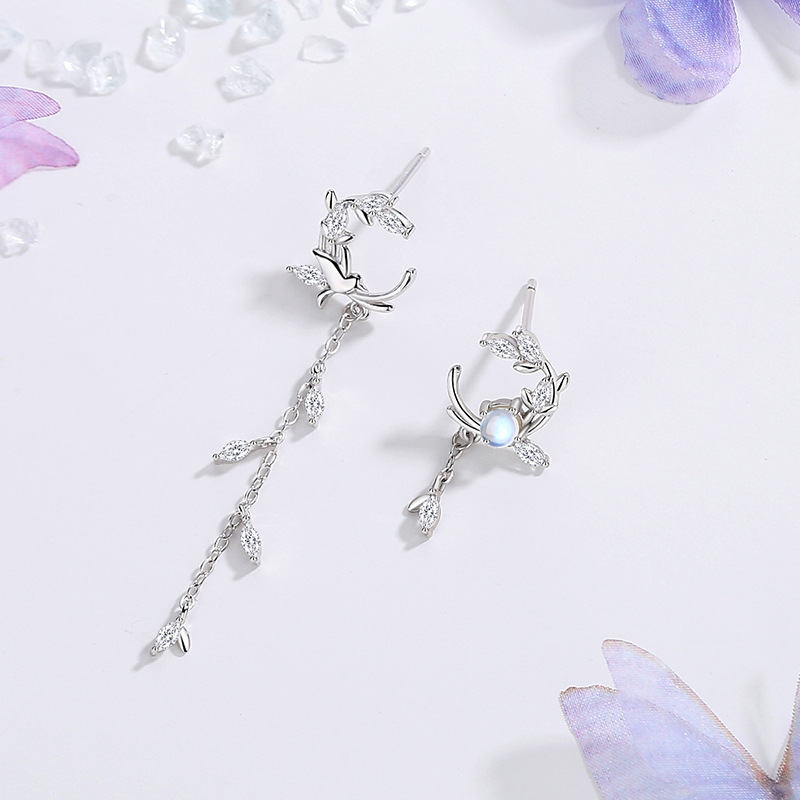 Original wheat stalk and bird-shaped earrings, women’s sterling silver, forest-themed geometric floral design, asymmetrical tassel earrings, long and elegant drop earrings